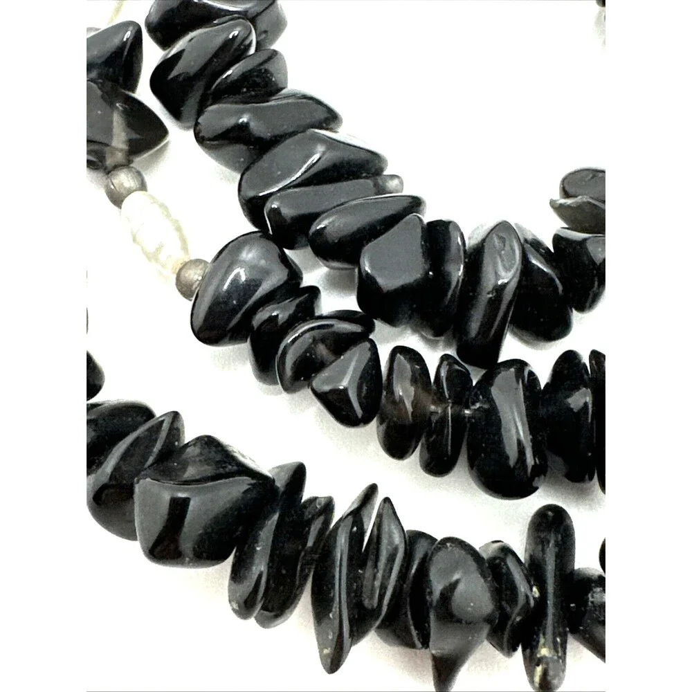 Vintage Black Onyx Quartz Bead Necklace Faux Pearl 925 Sterling Silver Clasp 19